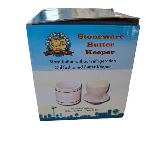 Vintage Pottery Stoneware Butter Keeper‎ Blue Trimmed Ivory NEW IN BOX - Picture 6 of 7